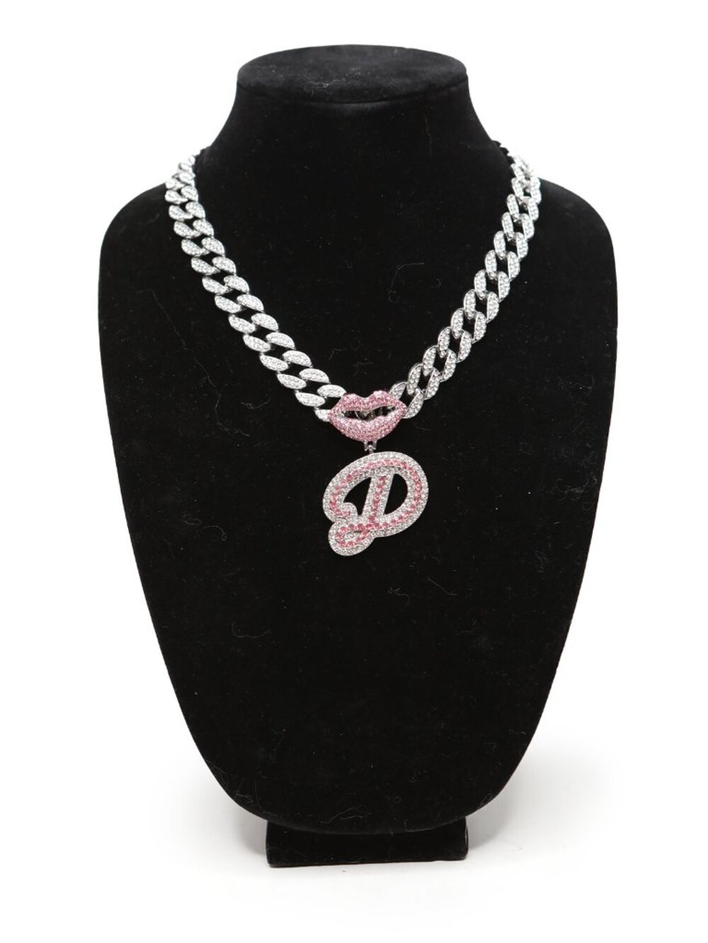 Silver Iced Out Cuban Chain Pink Lips Rhinestone D Pendant Necklace Y2K